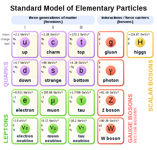 Standard model of elementary particles. Graphic by Wikipedia user MissMJ