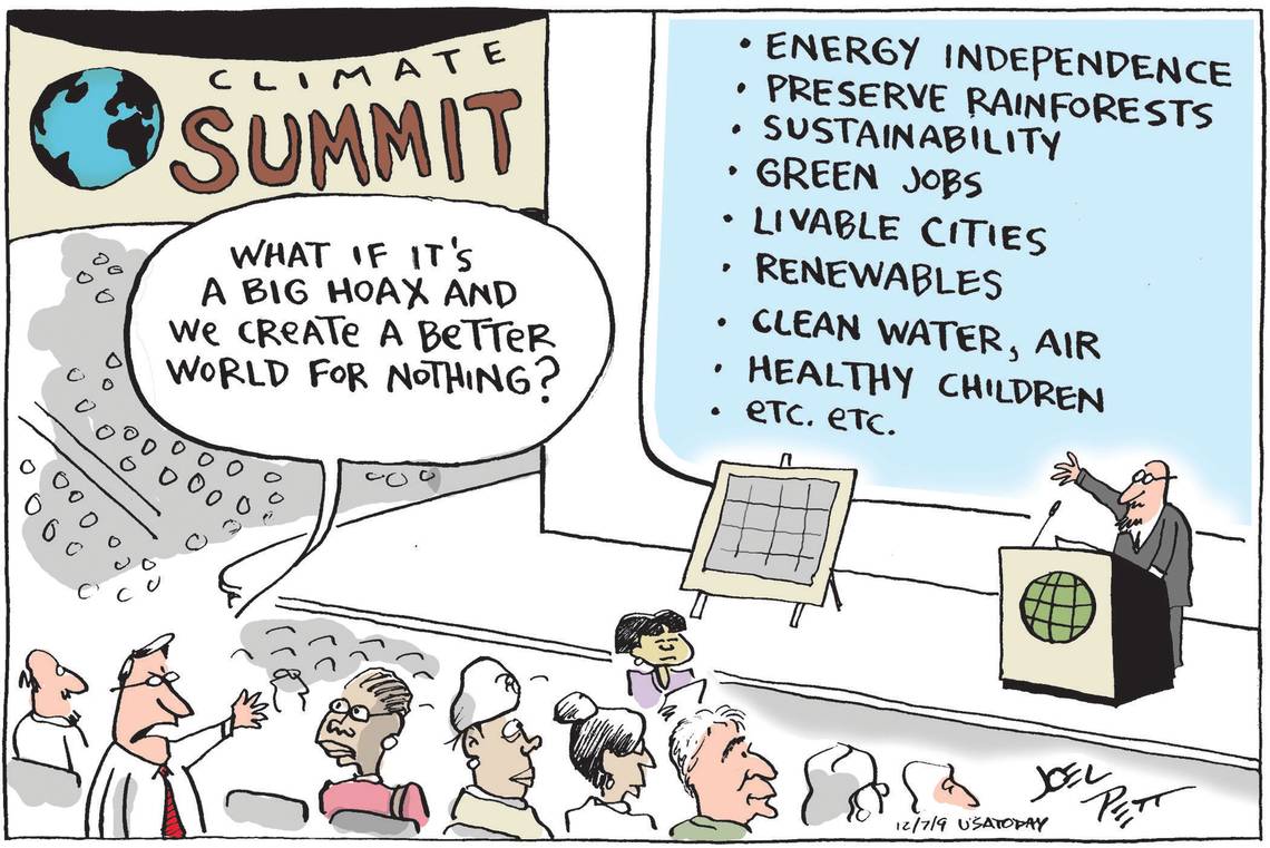Cartoon showing a man complaining how bad it would be if we created a better world for nothing