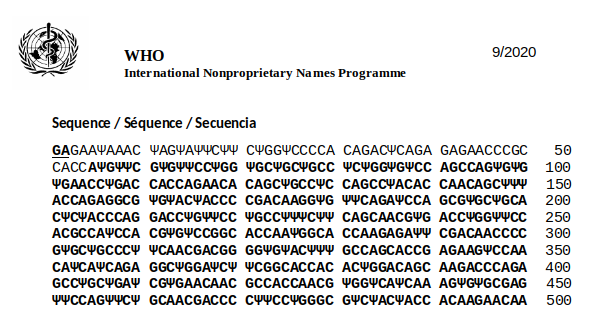Eerste 500 tekens van het mRNA BNT162b2. Bron: World Health Organization