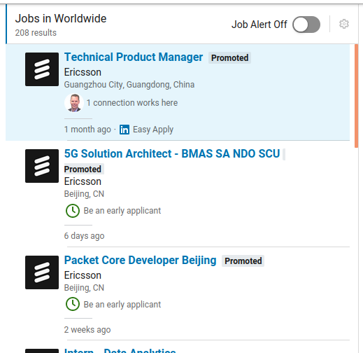 Linkedin search for Ericsson jobs in China